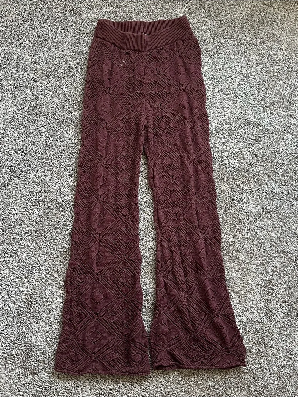 Free People Burgundy Textured Wide-Leg Knit Pants